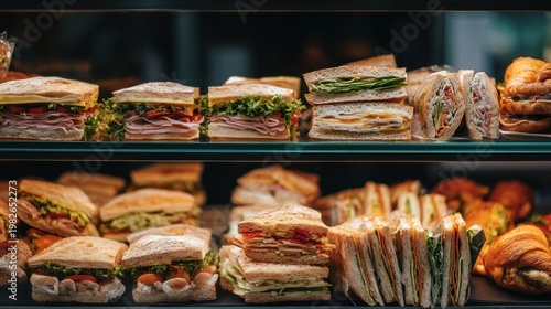 Display of sandwiches and pastries in a shop