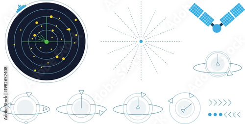 A radar screen displays targets alongside a satellite and circular graphic elements representing navigation and detection systems.
