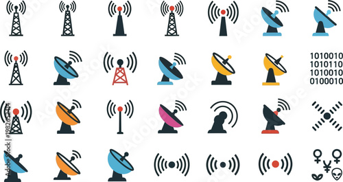 A grid of communication towers, satellite dishes, and wireless signal icons represents telecommunication and broadcasting technology.