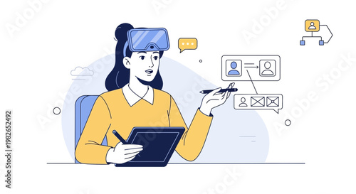 Woman using VR headset for virtual reality design and collaboration