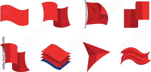 Various red flags and pennants are depicted in abstract graphic representations on a clean white background.