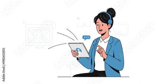 Woman with headphones and tablet, online communication and remote work concept