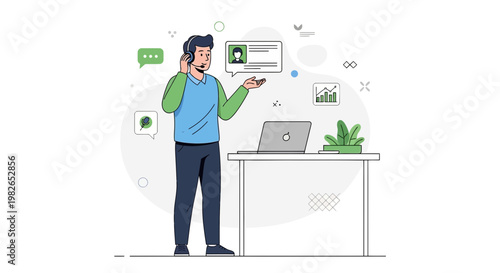 Customer service agent with headset, laptop, and charts, representing online support and communication.