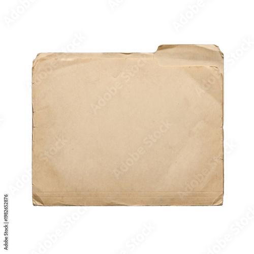 Фотография Old closed manila folder, worn and aged, showing front with tab, isolated on transparent background for design