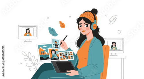 Graphic designer working on digital tablet with photos and computer screens