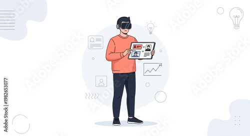 Man in VR headset holding tablet with profile pictures and charts, futuristic business concept