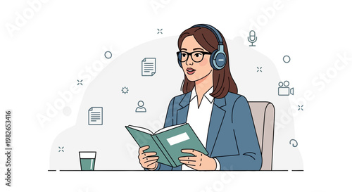 Woman with headphones reading a book, online learning, remote work, digital education