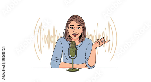 Woman Podcaster Speaking into Microphone with Sound Waves Illustration