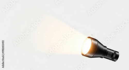 A radiant light beam from a modern black flashlight illuminating a pristine white background
