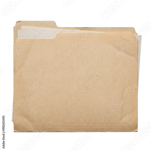 Photos An old manila file folder, slightly worn and filled with important documents