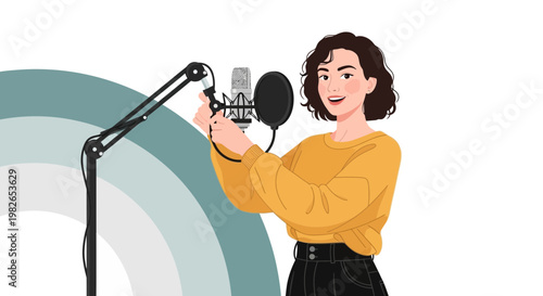 Woman recording audio with microphone in studio, podcasting, voiceover, content creation