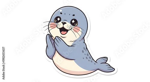 Cute cartoon seal character with paws together, representing joy and gratitude