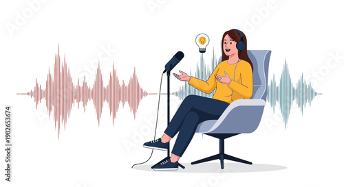 Woman recording podcast with microphone and headphones, sound waves and lightbulb idea symbol