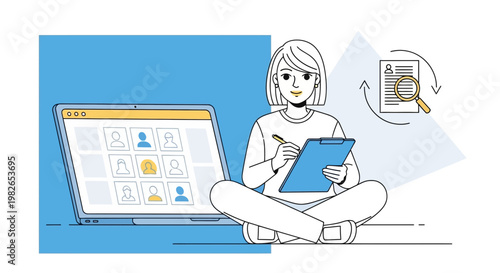 Woman reviewing candidate profiles on laptop, resume search concept