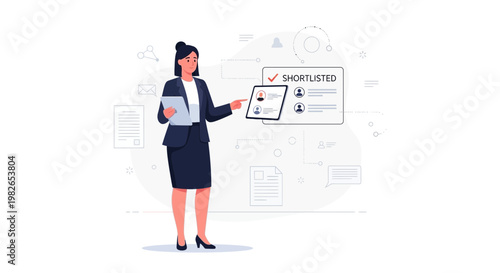 Woman reviewing shortlisted candidates on a digital screen, recruitment concept