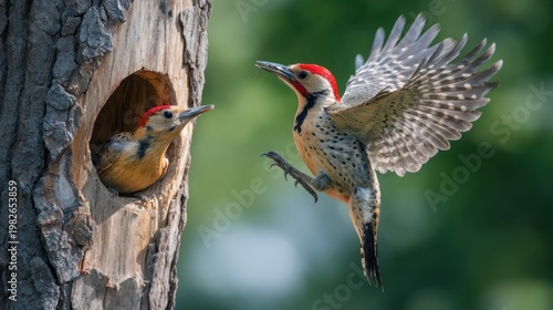 Woodpeckers near a nest in a tree