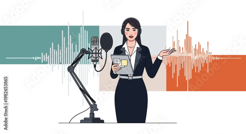 Woman speaking into microphone with sound waves, podcasting, voiceover, broadcasting