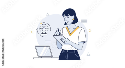 Woman taking notes during online meeting with laptop and webcam