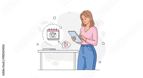 Woman using tablet planning event with calendar and camera icon, digital organization