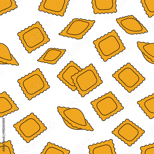 Traditional italian ravioli pasta pattern with orange filled dough.