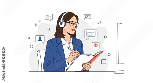 Woman with headphones and glasses on video call, taking notes on a clipboard