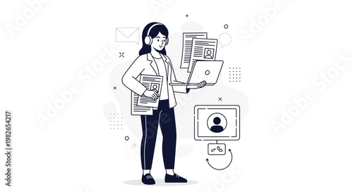Woman with headphones and laptop managing documents and online communication