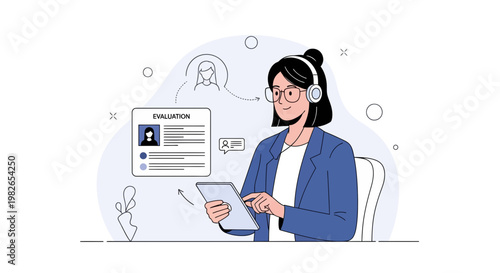 Woman with headphones and tablet reviews evaluation form, online interview concept