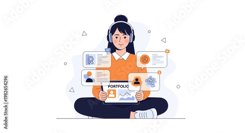 Woman with headphones managing portfolio and data on a tablet, online business concept