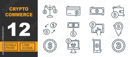 Crypto Commerce line icon set. Exclusive Crypto Commerce line icon collection. Containing Scales, Card, Cash, Wallet, Exchange, Tablet, Pointer, Coin, Monitor, Smartphone. Editable stroke.