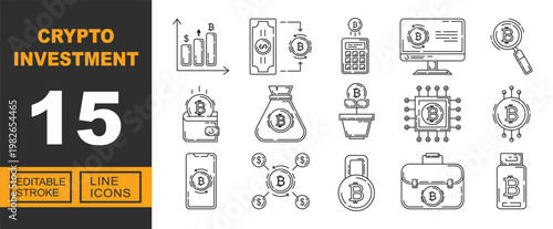 Exclusive Crypto Investment line icon collection. Containing Chart, Exchange, Calculator, Desktop, Analysis, Wallet, Sack, Growth, Mining, Network. Editable stroke.