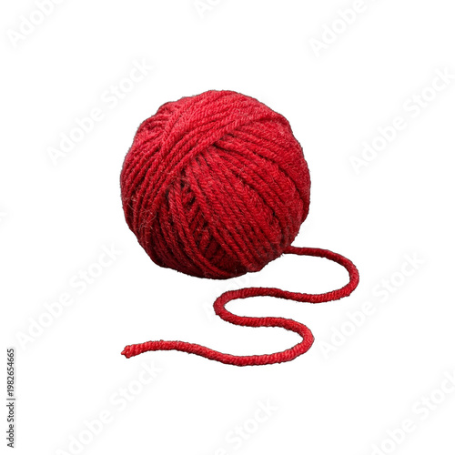 Konstfotografi Single ball of vivid red yarn with a short, gracefully curving loose strand, isolated on a transparent background