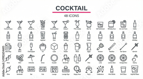 A professional set of sixty minimalist cocktail and bar line icons featuring a wide variety of drinks, glassware, and mixology tools