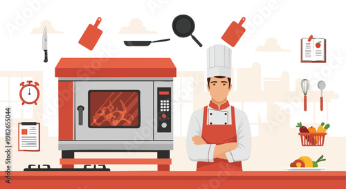 Chef in Kitchen with Oven and Utensils