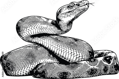 Engraving Style Illustration of a Coiled Python Snake