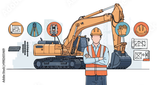 Construction Worker, Excavator, and Surveying Tools. Engineering Concept.