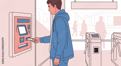 Young man using ticket vending machine.