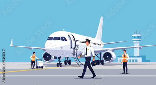 Man walking with airplane in background.