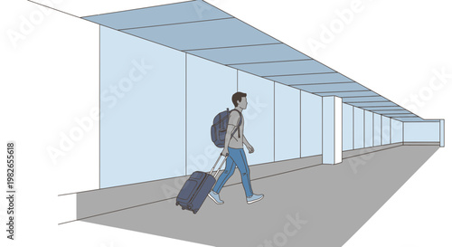 Man walking with luggage and backpack.