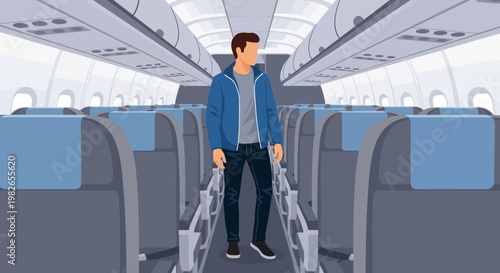 Man walking down airplane cabin aisle.