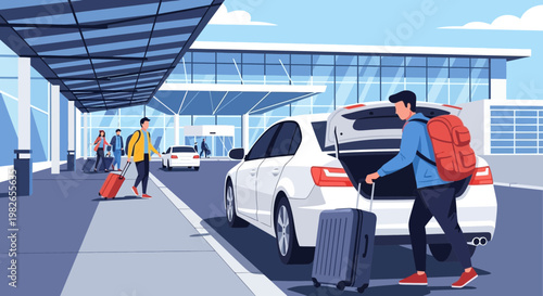 Man with backpack and luggage beside car.