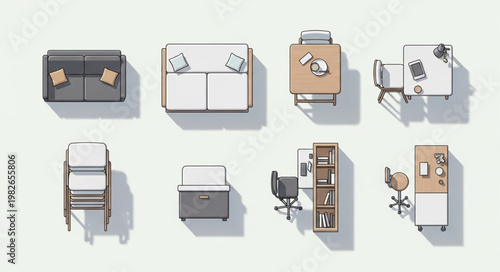 Collection of modern office furniture viewed from above.