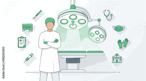 Doctor in Operating Room with Medical Equipment. Healthcare Concept. Line Art Illustration.