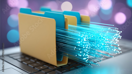 macro illustration of a digital workstation terminal. Glowing blue folder icons sit at the heart of a dense bundle of cyan light fibers emerging from a laptop screen. Subtle lens flares and 