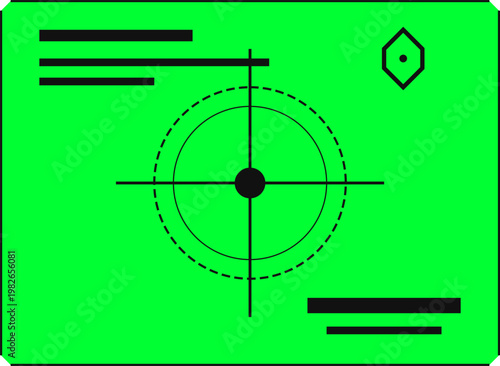 Hand-drawn neon green digital interface display featuring technical crosshairs and data symbols on plain illustration
