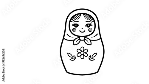 Matryoshka Doll Vector Icon: A minimalist black line illustration of a traditional Russian nesting doll on a white background, hand-drawn outline style for cultural and folk art design projects.