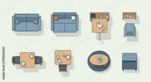 Collection of modern furniture viewed from above.