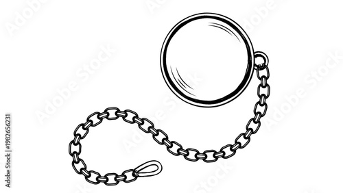 Minimalist black line vector icon and hand-drawn illustration of a classic monocle with a chain on a white background. This scalable graphic represents vintage eyewear, style, and elegance.