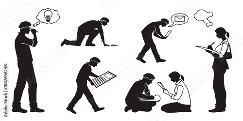 Workplace activity silhouettes set showing employees completing various business tasks with business people office life task list business icon corporate culture business work business emp