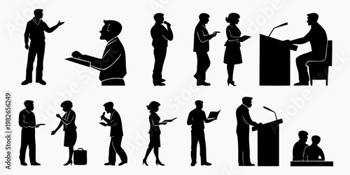 Office professionals silhouette set engaged in business activities with silhouette business professionals presentation corporate colleagues briefing discussion communication management