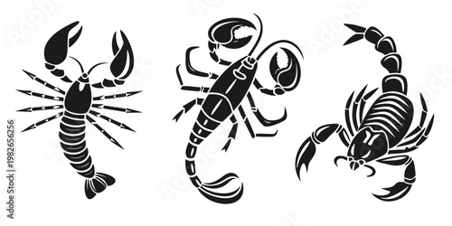 Set of black silhouette illustrations of scorpions and lobsters with scorpion silhouette crustacean arthropod predator illustration collection isolated creature wildlife arachnid